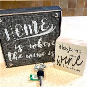 Wine Lovers Bundle of 2 Wooden Decor Sayings & Rhinestone Dog Wine Stopper NWT